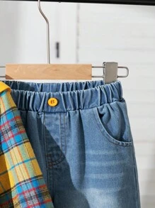SHEIN 3件套春秋新款时尚男童套装：纯色斗篷+格子领长袖衬衫+水洗牛仔长裤 - 黃色 - 查看 5