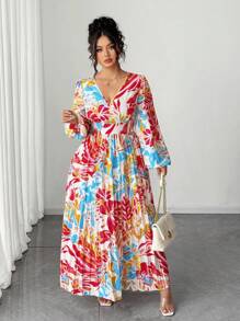 Elenzga Halloween Plus Size Women's Elegant Colorful Floral Print V-Neck Ruched Flared Hem High Slit Long Sleeve Maxi Dress Fall Cloth For Women - Multicolor - View 3