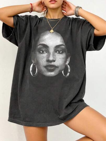 INAWLY Solva Loose Fit Face Print Short Sleeve T-Shirt, Suitable For Everyday Wear