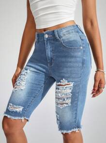 EMERY ROSE Casual Washed Distressed Slim Fit Denim Shorts - Light Wash - View 4