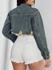 SHEIN ICON 女式长袖单排扣休闲短款牛仔夹克 - 深色水洗藍 - 查看 2