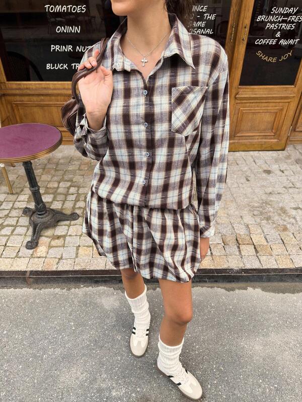 Jouncy 2 Pieces Plaid Shirt Set For Women, Collegiate Style Fall Cloth For Women