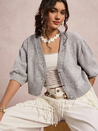 SHEIN VCAY 大码女式度假休闲刺绣短款开衫秋冬女装