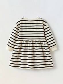 Maija Kids Maija Kids Young Girl Round Neck Striped Fabric Dress Girl Striped Dress Toddler Girl Striped Dress Kids Striped Dress Black And White Striped Dress Girls Black And Cream Dress Fall Winter - Black and White - View 3