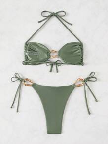 Swim Vcay 春假女士海滩装，露背吊带时尚配饰性感镂空度假泳衣套装 - 軍綠色 - 查看 2