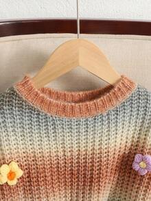 SHEIN 女童彩色撞色花卉 3D 装饰宽松圆领渐变色套头毛衣 女童毛衣 女童花朵毛衣 可爱青少年毛衣 女童花朵毛衣 秋冬款 - 彩色 - 查看 8