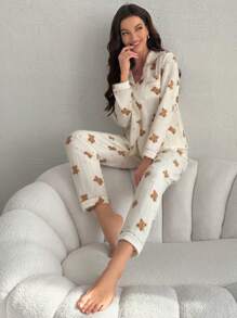 泰迪熊图案长袖上衣和裤子睡衣套装，秋冬服装