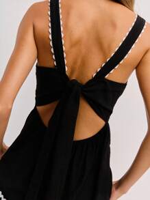 Nöista Women's Black And White Two Pieces Set,Elegant Peplum Hem Contrast Top & Matching Shorts With Pockets,Summer Vacation Holiday Luxury Party Clothing - Black - View 2