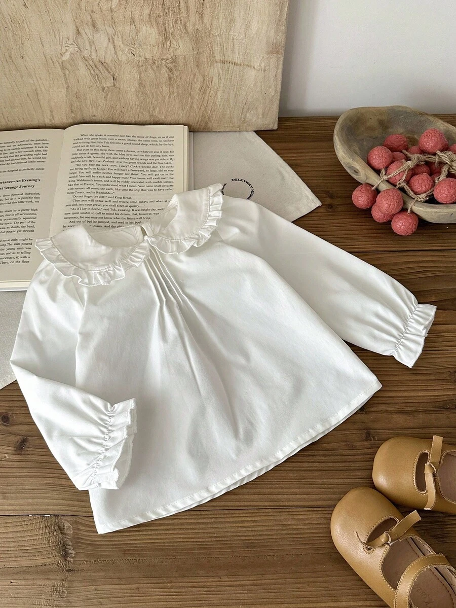 SHEIN Baby Girl Sweet White Peter Pan Collar Blouse,Elegant Long Sleeve Ruffle Shirt - White - View 1