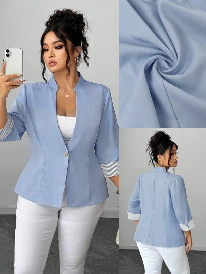 Elenzga Plus Size V-Neck Open Front Elegant Commuting Colorblock Striped Cuff 3/4 Sleeve 2 In 1 Versatile Work Suit Jacket Graduation,Back To School,Teacher Outfits For Women Winter Fall Autumn