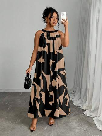 SHEIN Plus Size Women's Summer Fashion Contrast Color Print Halter Dress