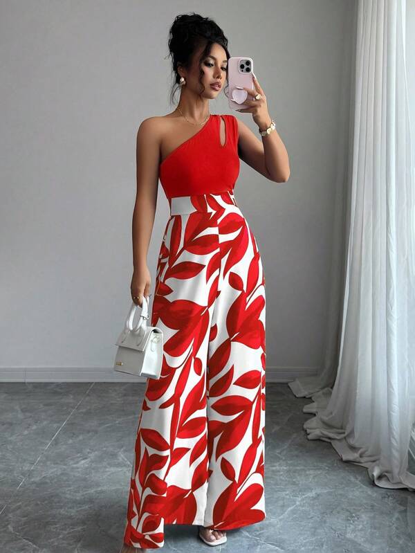 Elenzga Women's Oblique Shoulder Patchwork Print Wide Leg Jumpsuit