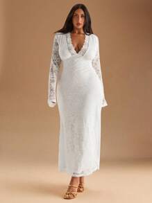 SHEIN BAE 大码女式V领蕾丝透视度假连衣裙，紧身连衣裙，春夏