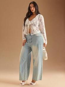 SHEIN BAE Áo cánh tay loe ren xếp nếp mỏng dài tay cỡ lớn cho nữ - trắng - Xem 5