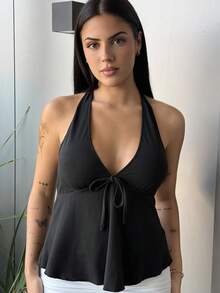 Lucia Bellido Top a babydoll con scollo a V nero, fiocco e schienale aperto, per donne, abbigliamento casual da vacanza adatto per l estate - nero - Visualizzare 3