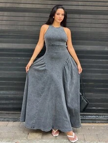 NegzBox 2025 新款夏季女式黑色仿旧洗水露背设计连衣裙 - 黑色 - 查看 5