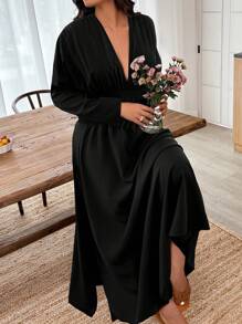 EMERY ROSE 大码纯色深褶皱七分袖优雅连衣裙 - 黑色 - 查看 5