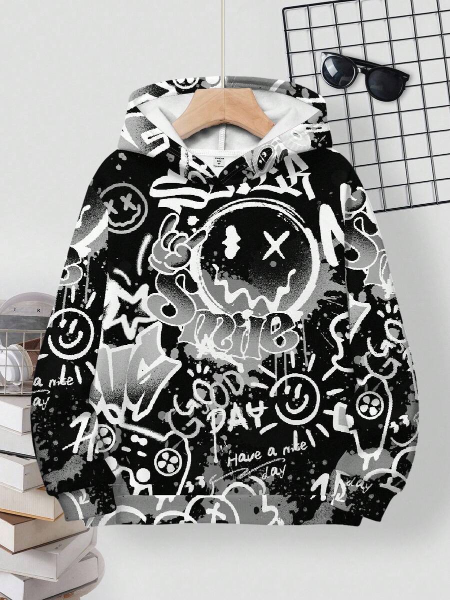 SHEIN 青少年男孩休闲简约卡通图案落肩卫衣，适合秋冬季