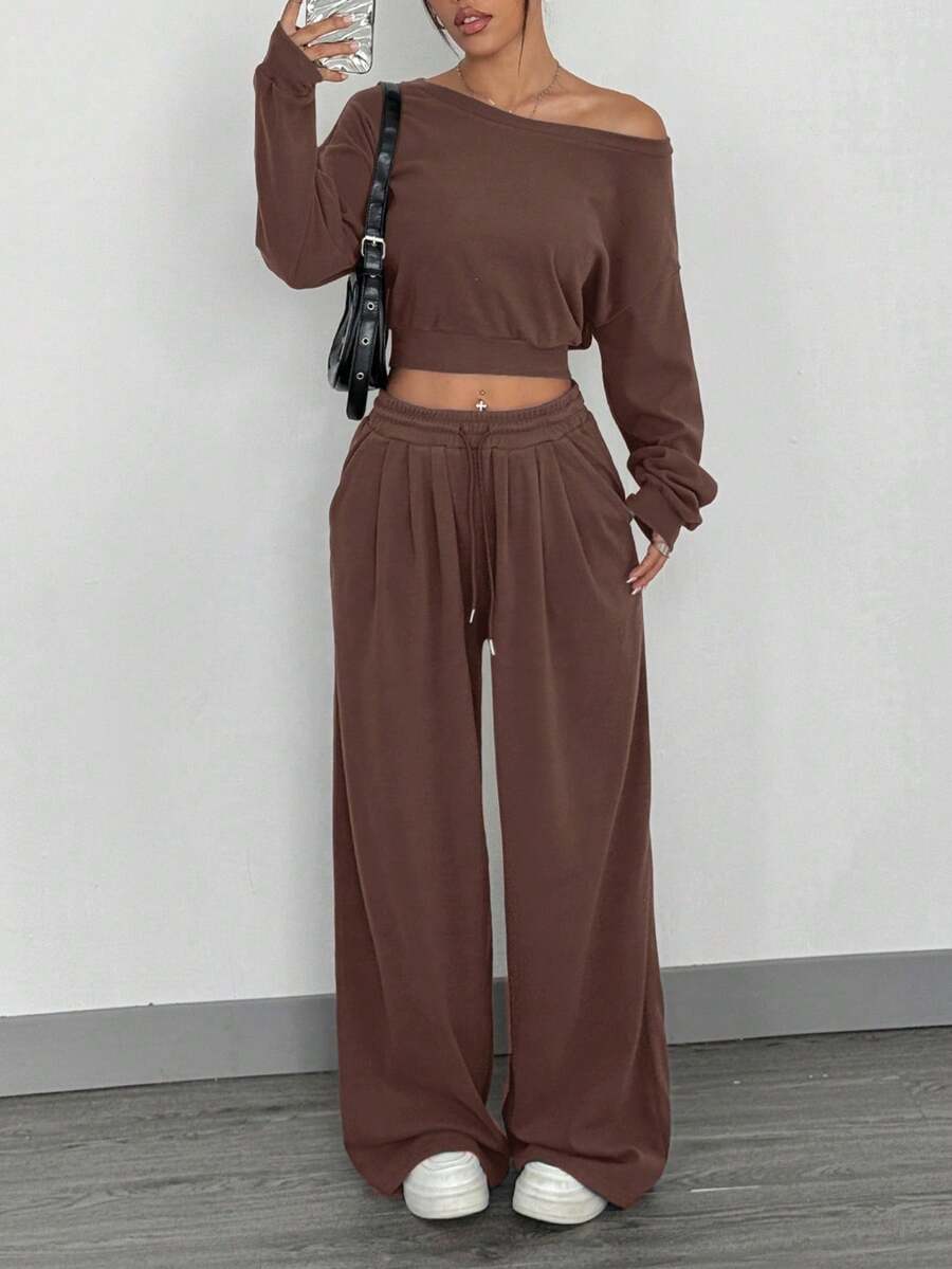 SHEIN EZwear 女士咖啡色斜肩上衣和裤子休闲套装 - 咖啡棕 - 查看 1