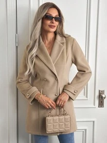 Louniche 女士翻领长袖纽扣式优雅别致精致大衣 - 杏色 - 查看 5