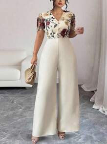 Elenzga Plus Size Floral Embroidered Mesh Stitching Elegant Short-Sleeved Jumpsuit - Apricot - View 5