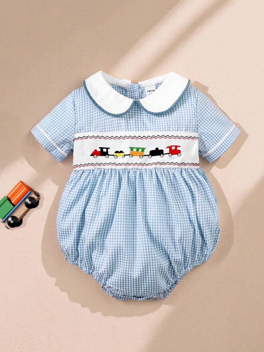 Souflis Souflis Baby Boy's Plaid Patchwork Bodysuit With Peter Pan Collar And Car Embroidery - Blue - View 1