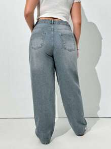 EURMUSE 100%Cotton Plus High Waist Straight Leg Jeans - Light Wash - View 2