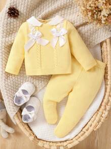 Souflis Souflis Baby Girl Collared Bow Decor Long Sleeve Top And Pants Set, Casual Resort Wear, Newborn Baby Girl Outfit Yellow, Knitted Baby Girl Clothes, Baby Girl Yellow Sweater Outfit, Lemon Yellow Baby Outfit, Baby Girl Going Home Outfit Winter
