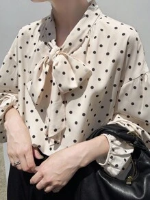 FRIFUL Women's Tie Neck Bow Polka Dot Loose Casual Versatile Blouse, Autumn Long Sleeve Top - Black and White - View 1