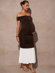 MaterniChic Autumn And Winter Elegant Maternity Off-Shoulder Color Block Patchwork Fishtail Dress - Brown - View 5
