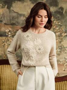 Anewsta Women's Handmade Embroidered & Rhinestone Embellished Crew Neck Long Sleeve Sweater, Autumn/Winter - Apricot - View 5