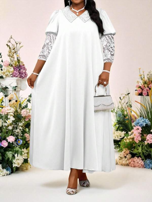 SHEIN Lady 2025 New Clothing Spring And Summer Elegant Commuting Office Modest Cocktail Party Concert/Music Festival Party Woven Satin V Neck Ball Gown Puff Sleeve Contrast Sequin A Line Dress Tunic Dress Kaftan Dress Long Wrist-Length Sleeve Plus Size Dresses Elegant Women Dresses Fall Women Clothes Wedding Guest Dress Women