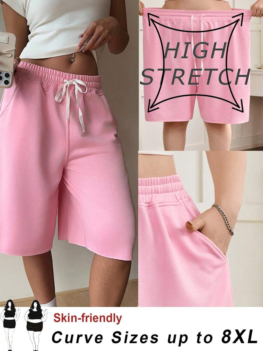 SHEIN CURVE+ 大码粉色休闲女式百慕大短裤，万圣节休闲装，返校季女装秋季、冬季，CURVE PLUS - 粉色 - 查看 1