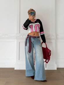 SHEIN Teen Girls' Loose V-Neck Drop Shoulder Letter Print Casual Sports T-Shirt, Blokette Long Sleeve Tee, Summer Fall Winter - Black - View 3