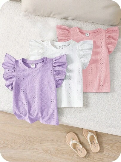 SHEIN 3pcs/Set Young Girl Solid Color Ruffle Collar Fitted T-Shirt, School, Campus, College