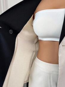 Elenzga Blazer delgado de mujer de doble botonadura con cuello de corbata, cintura ceñida, color contrastante y mezcla de lino, estilo versátil y elegante para uso diario, talla grande