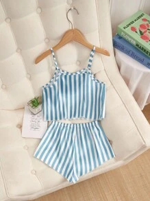 Girls Pajamas, Elegant Blue & White Striped Print, Soft & Comfortable Camisole & Shorts 2 Pieces Set, Suitable For Indoor & Outdoor Wear, Spring/Summer