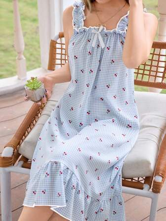 Bubble Print Bow Decor Pleated Loose Strap Romantic Sleep Dress  Cozy And Elegant Details
