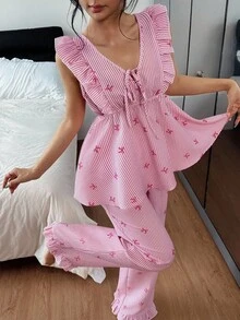 SHEIN 2pcs Summer Ruffled Trim Striped Bow Print Pajama Set - Pink - View 6