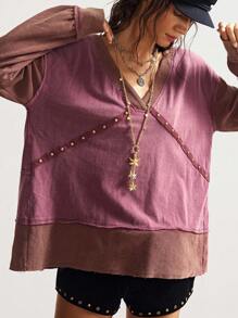 Bohemela 秋冬波西米亚风休闲拼接V领长袖宽松女士卫衣 - 紫色 - 查看 4