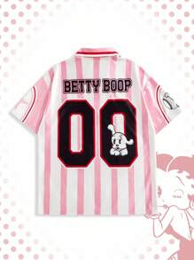 ROMWE MEN Betty Boop | ROMWE 男士夏季粉色卡通星星印花短袖 Polo 衫，2000 年代风格 - 粉色 - 查看 2