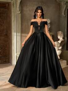 Aureia 优雅奢华黑色露肩超喇叭形仿珍珠刺绣蕾丝贴花透明网眼缎面褶皱连衣裙，适合婚礼、派对、舞会、度假、晚会