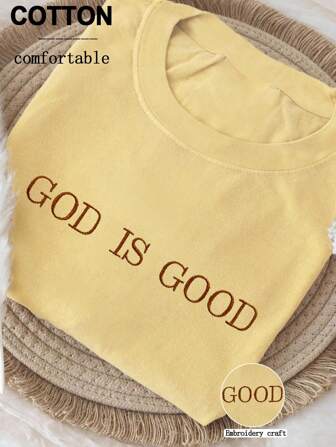 SHEIN Chemise simple brodée de la foi chrétienne "Dieu est bon", chemise de couleur confortable en cadeau, chemise de foi, t-shirt de foi, chemise de groupe d'église, t-shirt brodé à col rond pour femmes