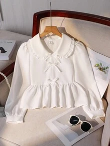 Tween Girls' White Fashion Elegant Cute Blouse For Tea Party School,Autumn Long Sleeve Casual Shirt With Frill Collar Decorative Bow,Minimalist - White - View 3