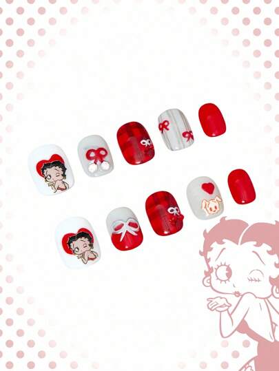 Betty Boop | ROMWE 10 piezas de uñas postizas hechas a mano con diseños románticos de corazones, personajes de dibujos animados, lazos y cachorros juguetones