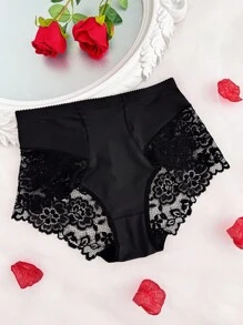 SHEIN Women's Elegant Black High Waisted Lace Trim Shapewear Shorts With Slight Stretch Fabric And Plant Pattern Details For A Flattering Fit - Black - View 4