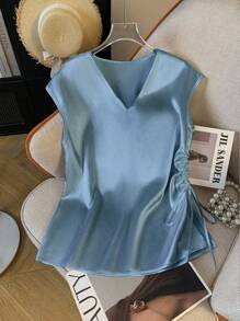 GlowEve Women's Elegant Elegant Simple Solid Color V-Neck Batwing Sleeve Drawstring Ruched Satin Blouse, Summer - Blue - View 4