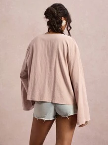 Freevana 大码度假休闲刺绣领带喇叭袖衬衫 - 杏色 - 查看 3