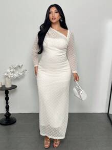 Firerie Vestido elegante y minimalista de moda básica estilo Ins, adecuado para la oficina, el transporte, los festivales de música, los viajes a la playa, de tela texturizada, cuello asimétrico, fruncido, ajustado, estilizador, manga larga, largo maxi, para mujeres, vestido de invitada de boda - Albaricoque - Ver 3