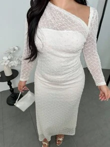 Firerie Vestido elegante y minimalista de moda básica estilo Ins, adecuado para la oficina, el transporte, los festivales de música, los viajes a la playa, de tela texturizada, cuello asimétrico, fruncido, ajustado, estilizador, manga larga, largo maxi, para mujeres, vestido de invitada de boda - Albaricoque - Ver 5